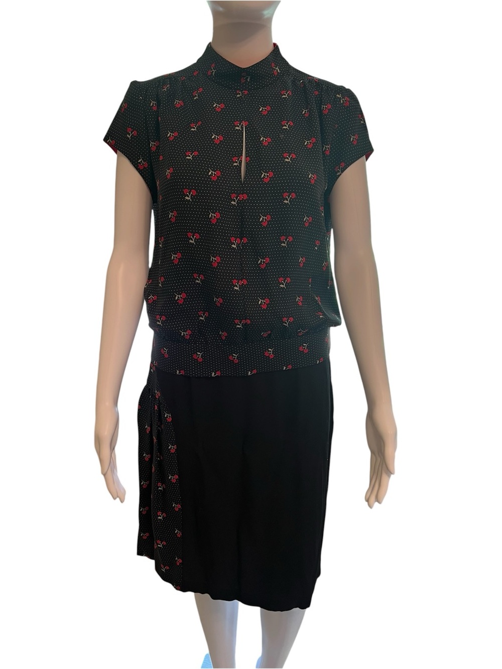 Marc Jacobs Black Silk Top and Skirt Set with Red Cherry Print